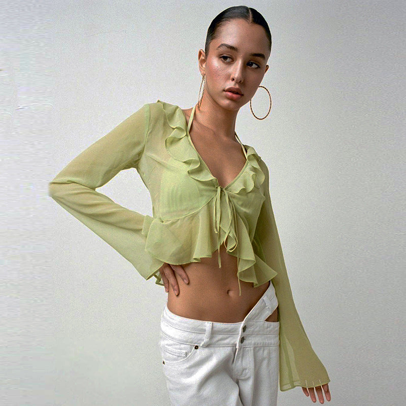 halter neck bell sleeves ruffles shirt style top