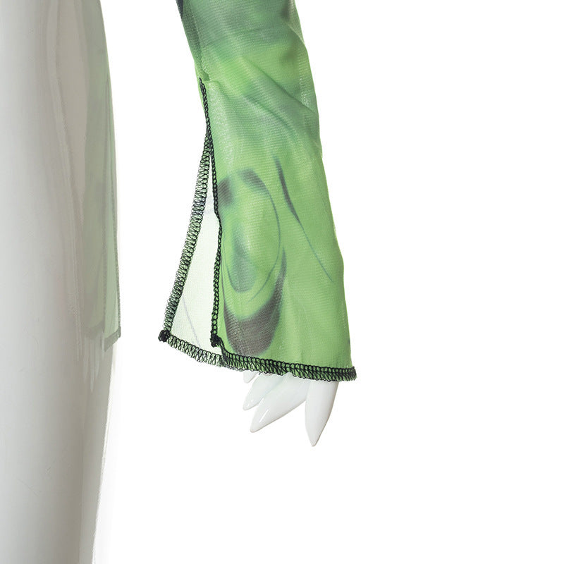 boat neck Bell Sleeves abstract printed top
