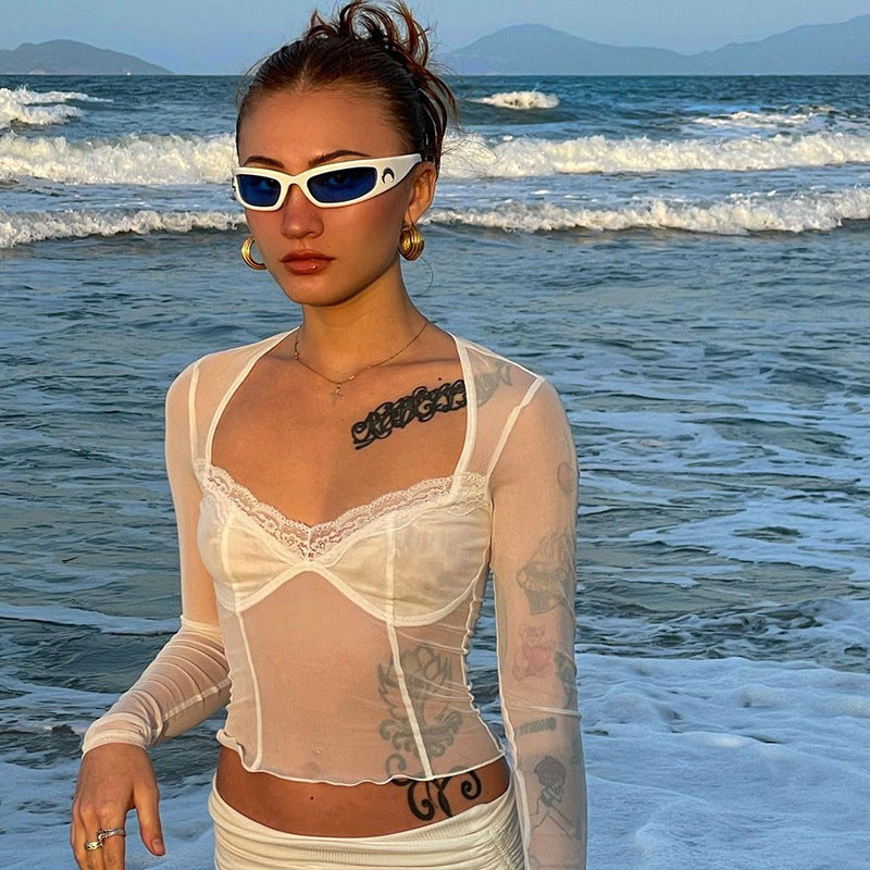 Women Long Sleeves Net Bralette Crop Top
