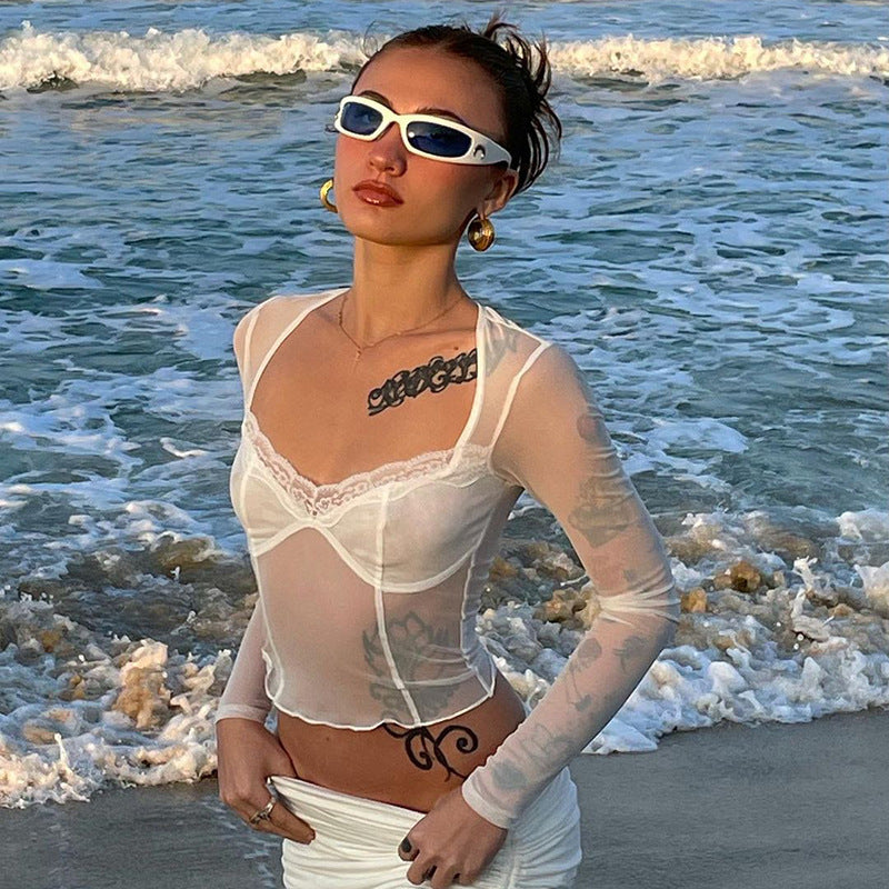 Women Long Sleeves Net Bralette Crop Top