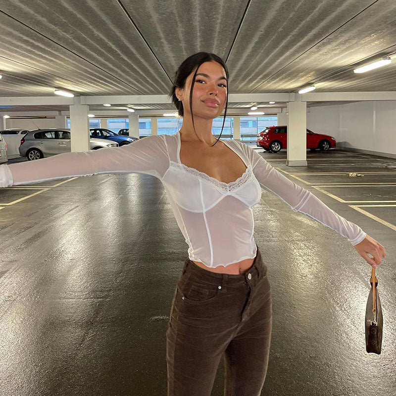 Women Long Sleeves Net Bralette Crop Top