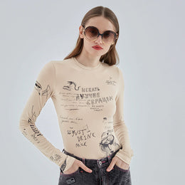 Women Round Neck Long Sleeves Printed Top