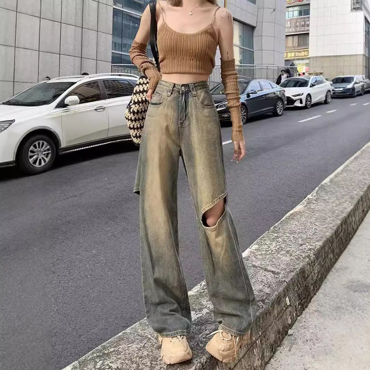 Women Flared Slash Knee Jeans