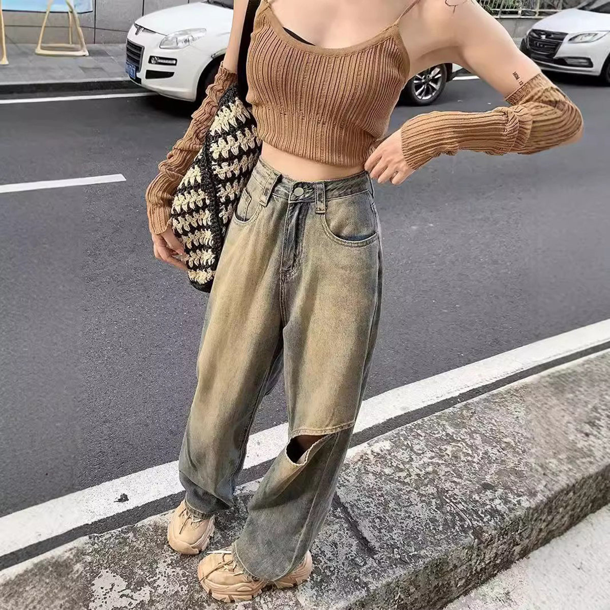 Women Flared Slash Knee Jeans