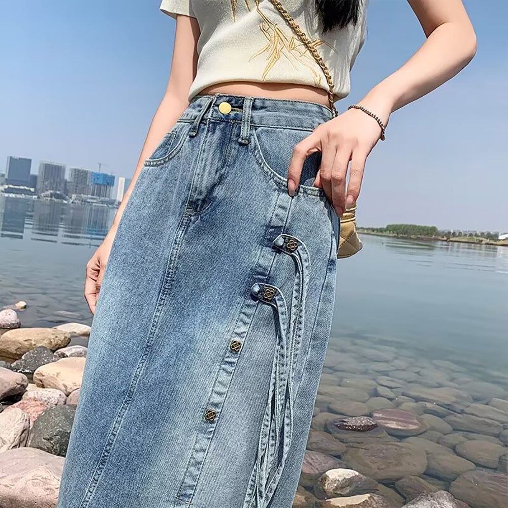 Women Denim A-Line Midi Skirts