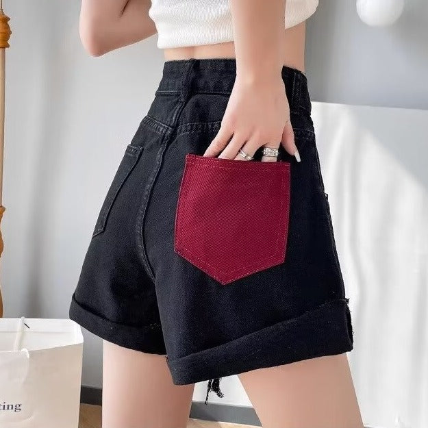 Women High-Rise Colourblocked Denim Shorts