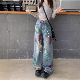 Women Wide Leg Low Distress Light Fade Jeans