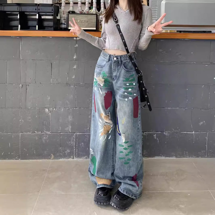 Women Wide Leg Low Distress Light Fade Jeans