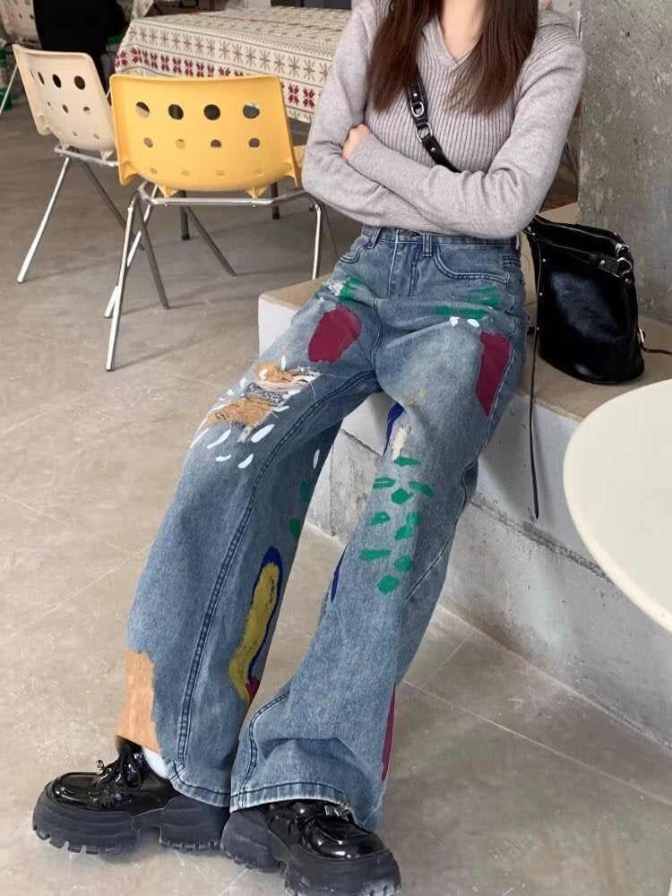 Women Wide Leg Low Distress Light Fade Jeans