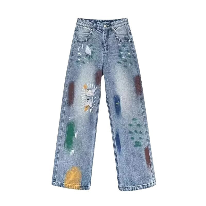 Women Wide Leg Low Distress Light Fade Jeans
