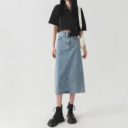 Denim High-Waist Straight Midi Skirt