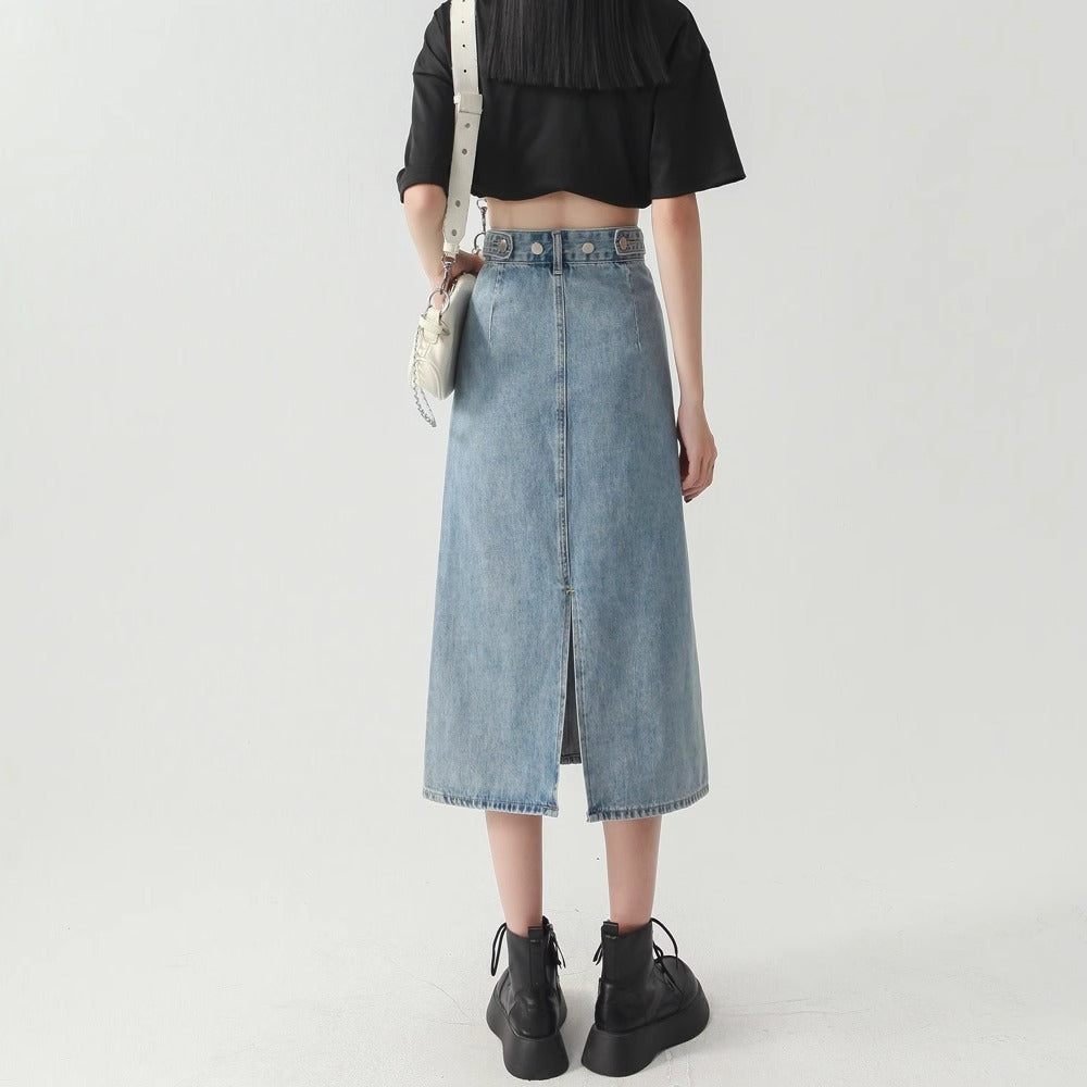Denim High-Waist Straight Midi Skirt