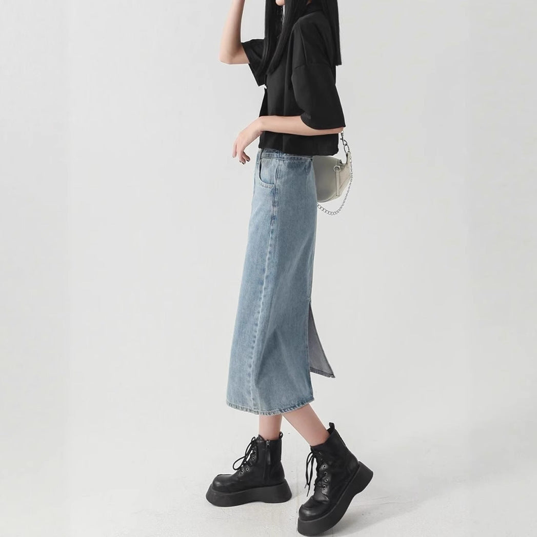 Denim High-Waist Straight Midi Skirt