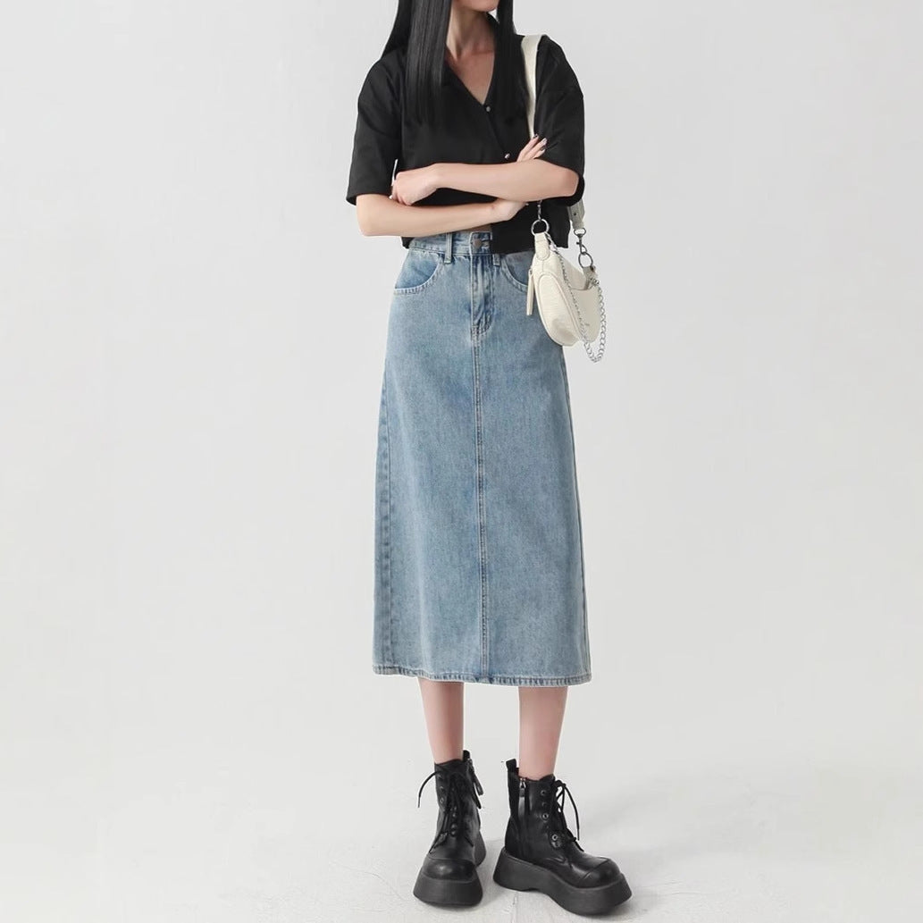 Denim High-Waist Straight Midi Skirt