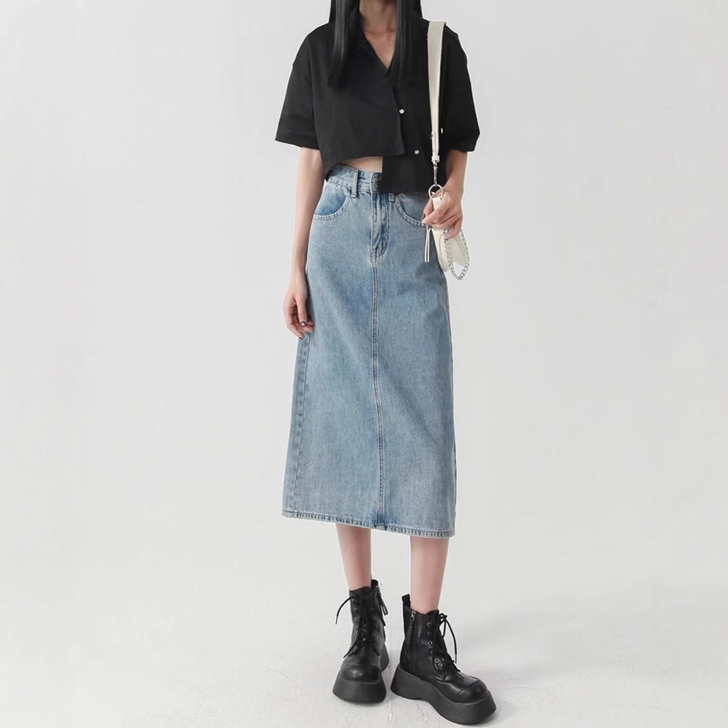 Denim High-Waist Straight Midi Skirt