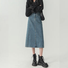 Denim High-Waist Straight Midi Skirt