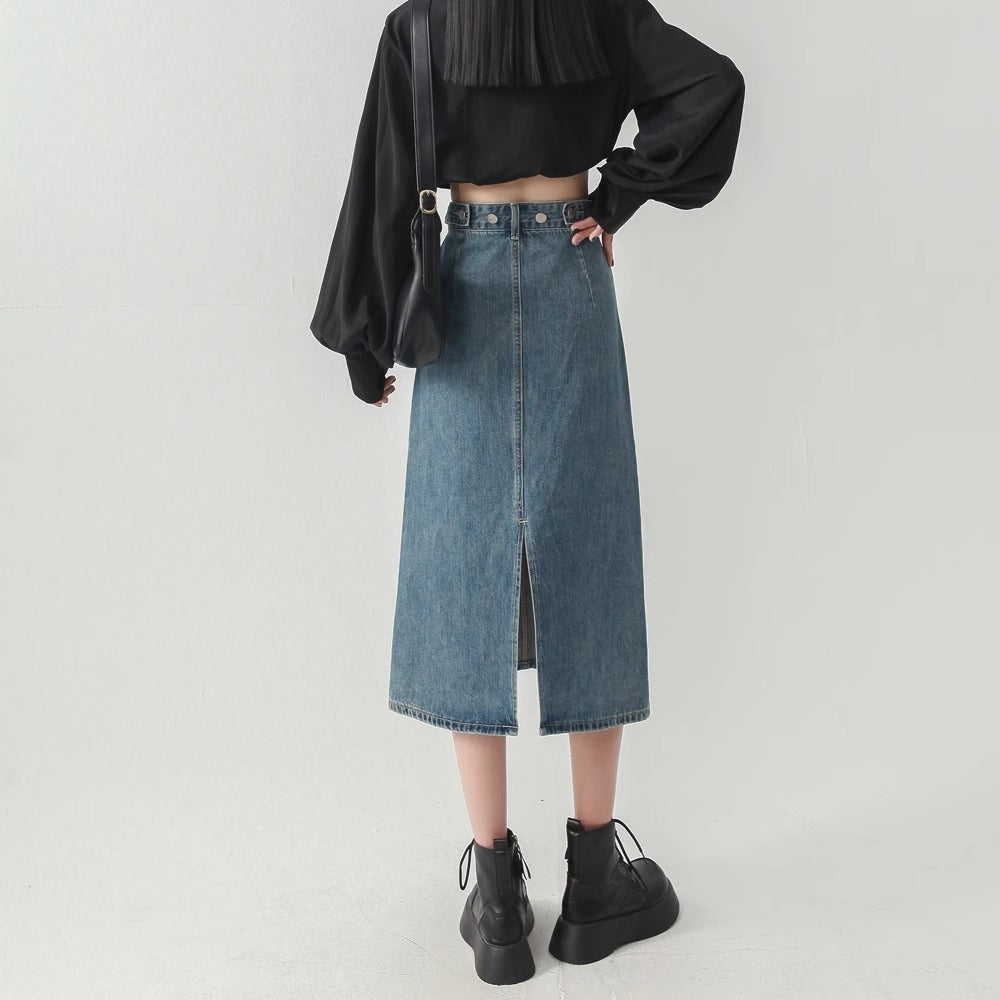 Denim High-Waist Straight Midi Skirt