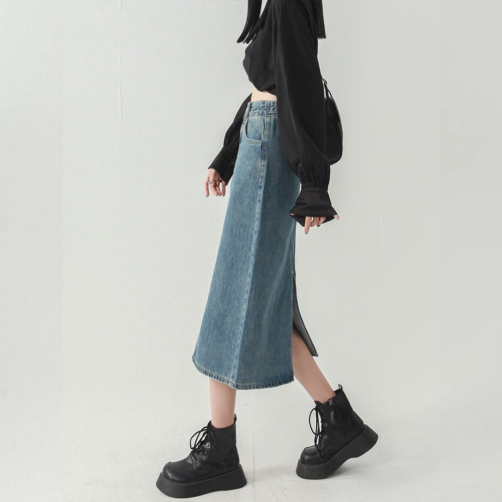Denim High-Waist Straight Midi Skirt