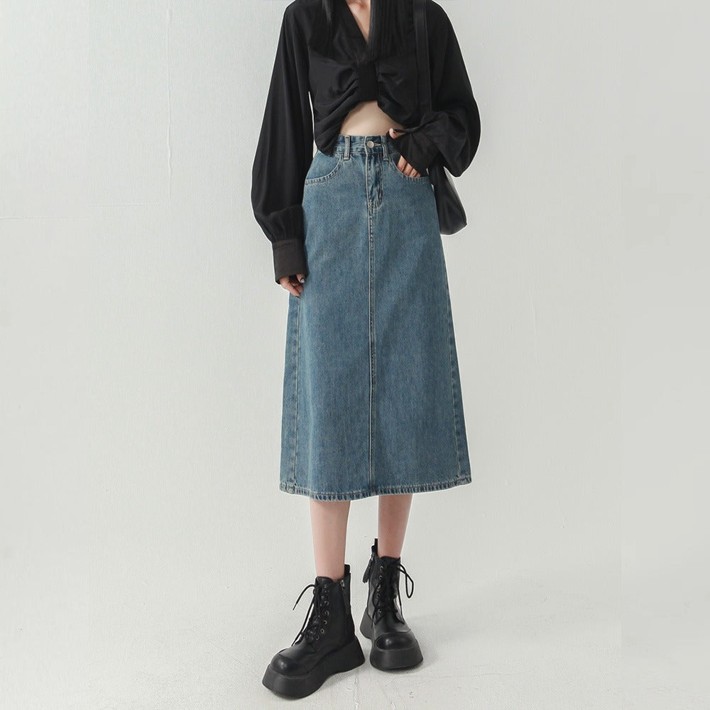 Denim High-Waist Straight Midi Skirt