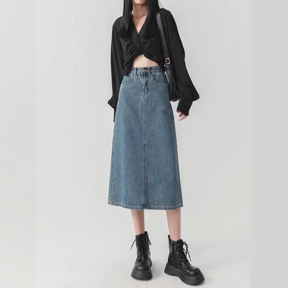 Denim High-Waist Straight Midi Skirt