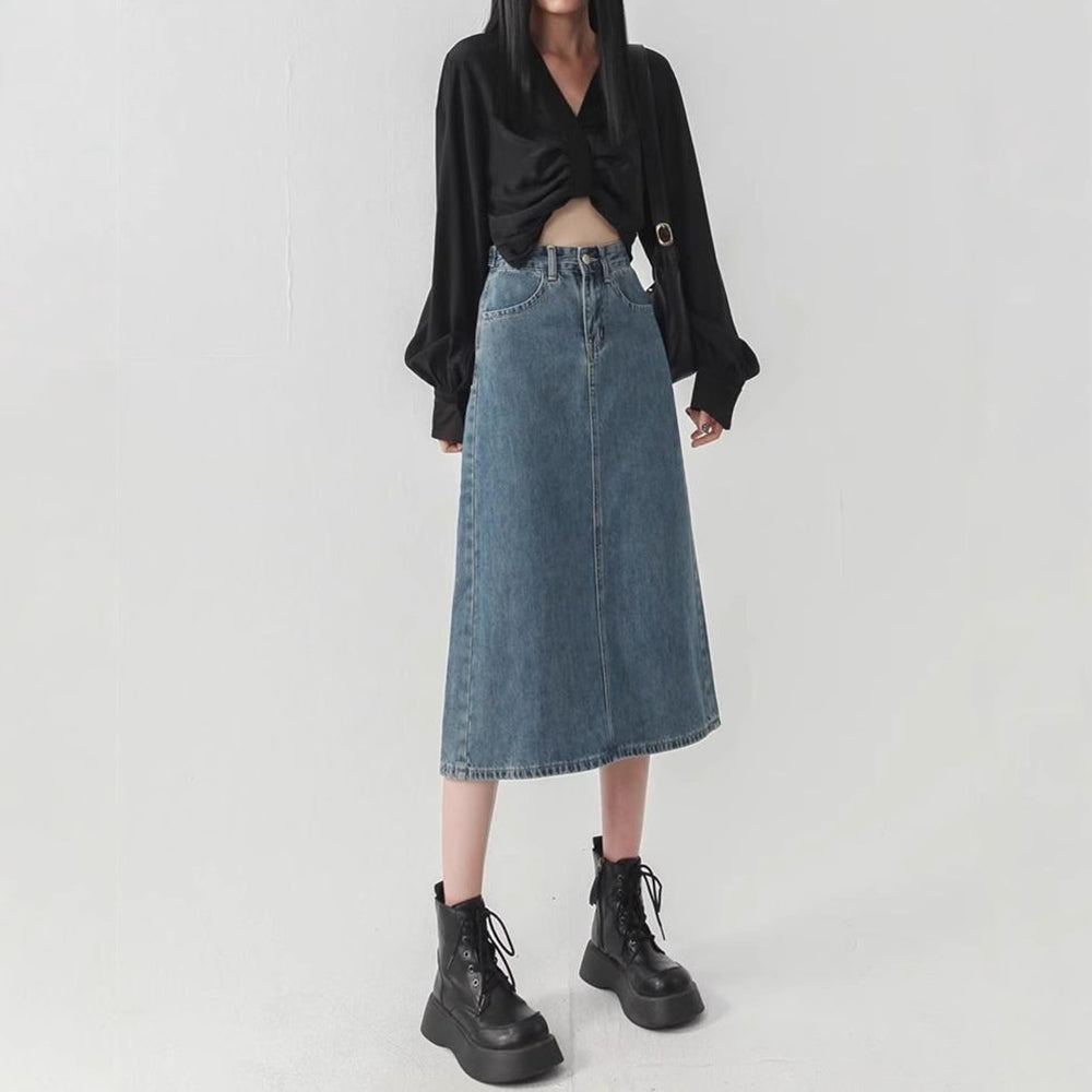Denim High-Waist Straight Midi Skirt