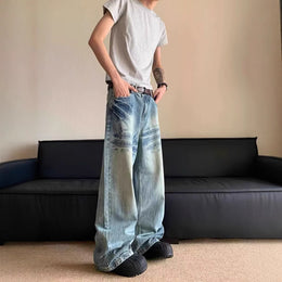 Men Wide Leg Mid-Rise Heavy Fade Cotton Jeans