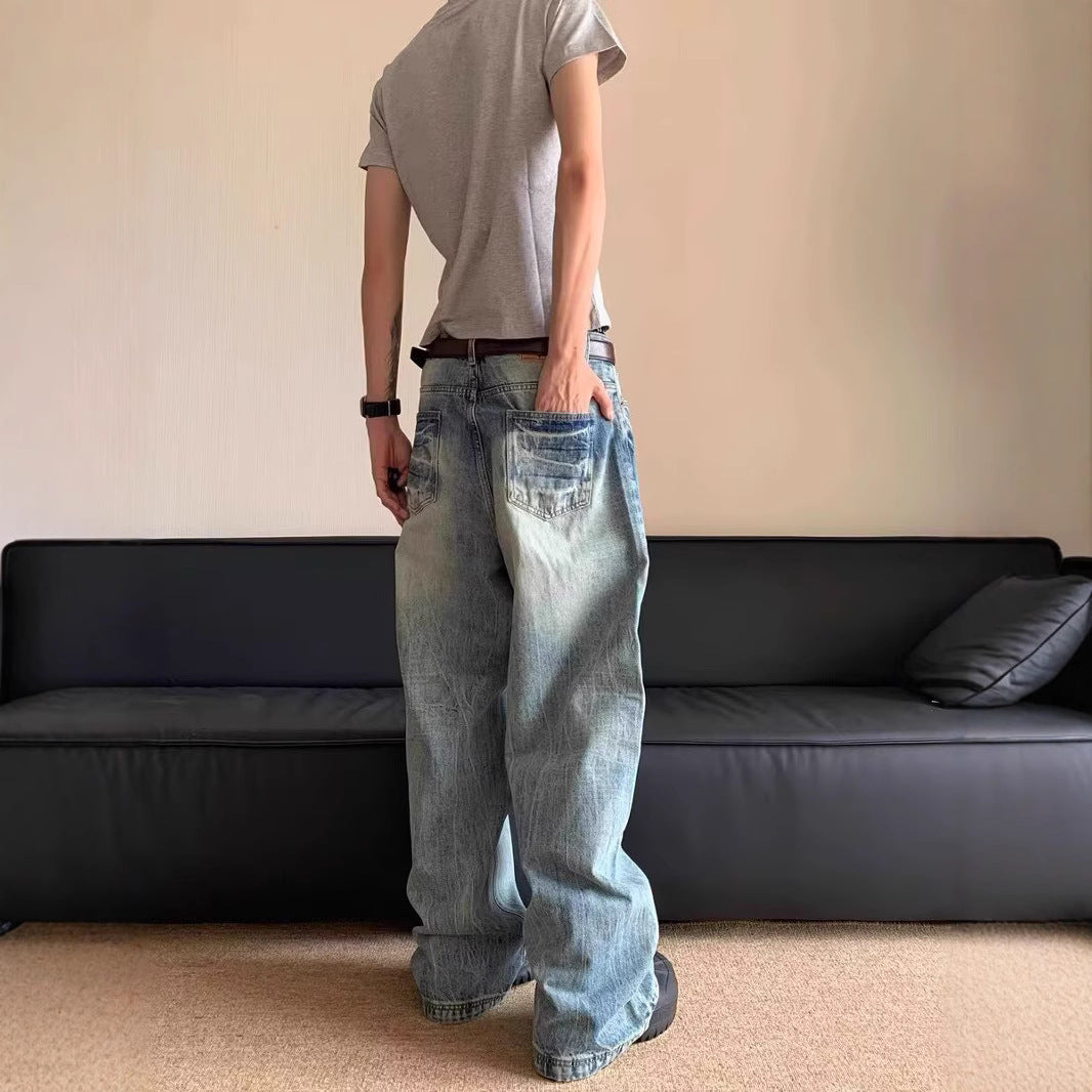 Men Wide Leg Mid-Rise Heavy Fade Cotton Jeans