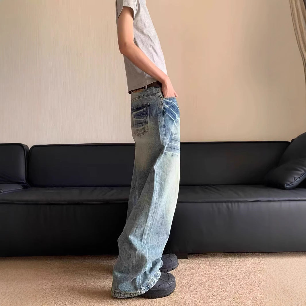 Men Wide Leg Mid-Rise Heavy Fade Cotton Jeans