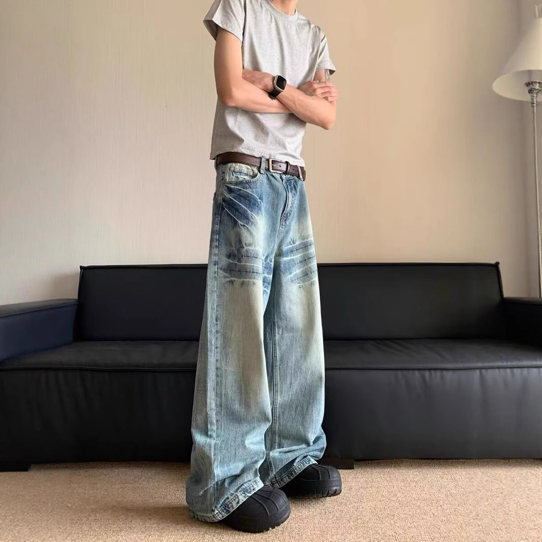 Men Wide Leg Mid-Rise Heavy Fade Cotton Jeans