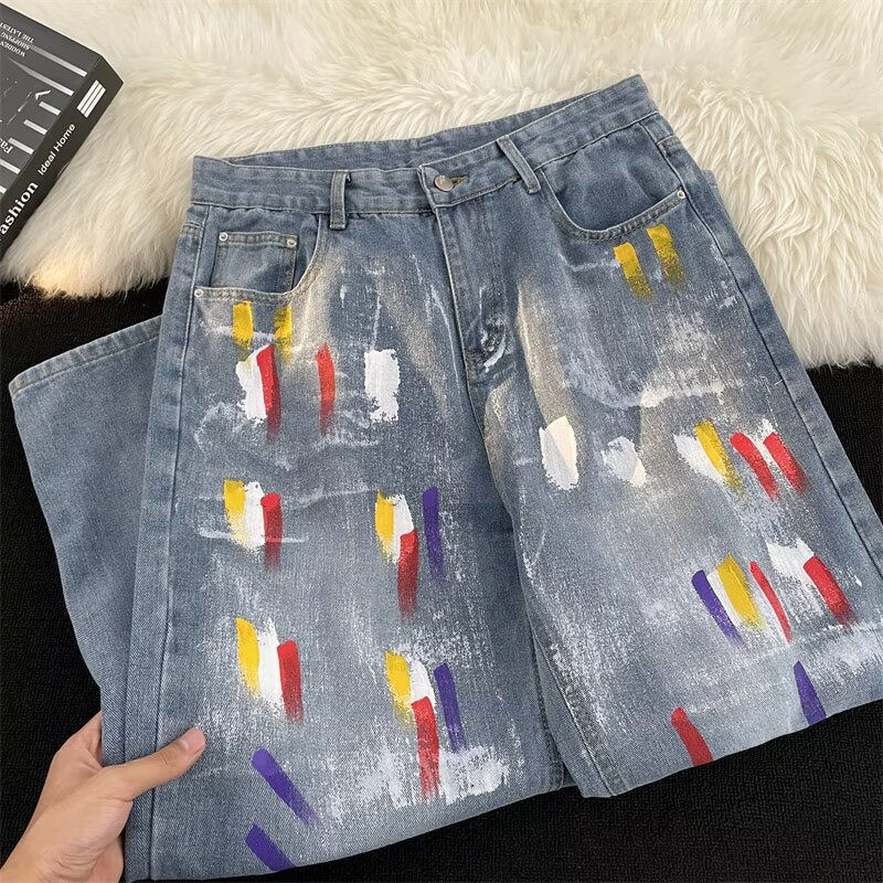 Men Wide Leg Light Fade Printed Jeans