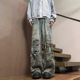 Men Highly Distressed Light Fade Mid-Rise Wide Leg Jeans