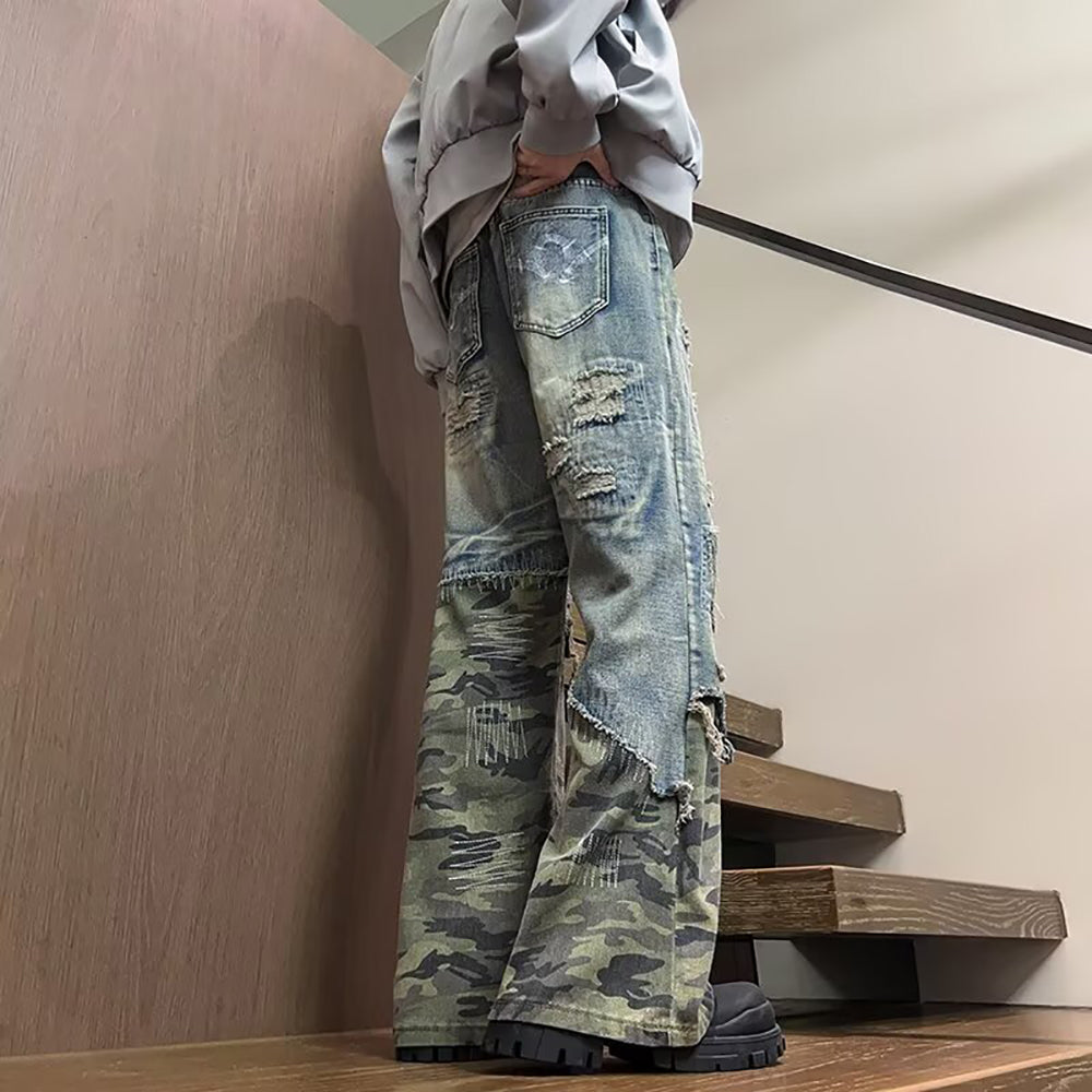 Men Highly Distressed Light Fade Mid-Rise Wide Leg Jeans