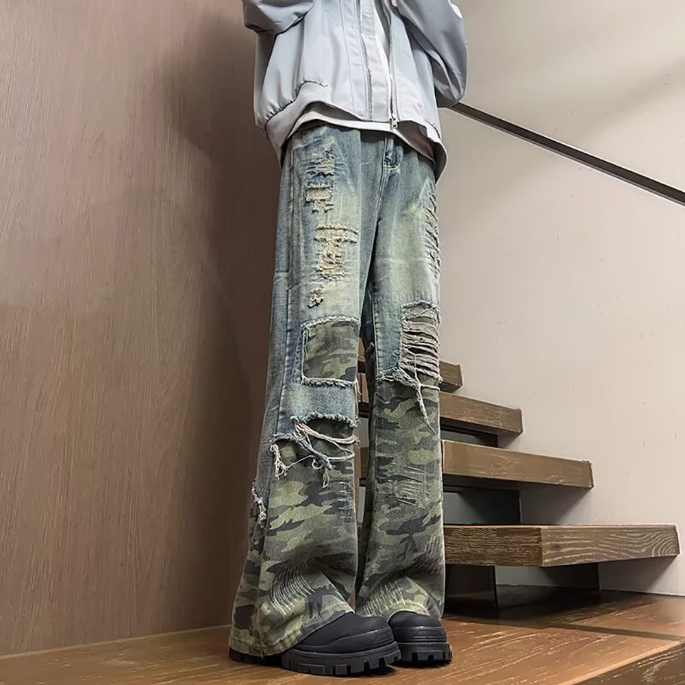 Men Highly Distressed Light Fade Mid-Rise Wide Leg Jeans