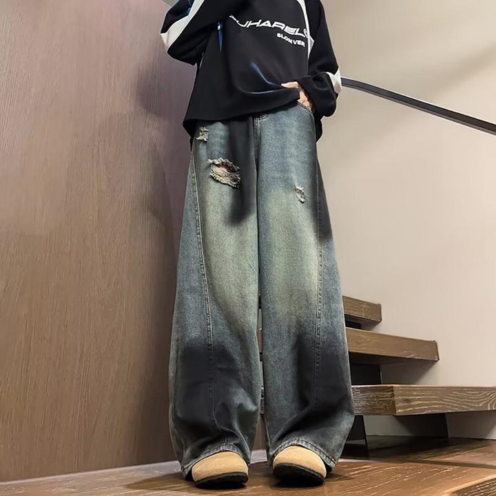 Men Low Distress Heavy Fade Baggy Jeans