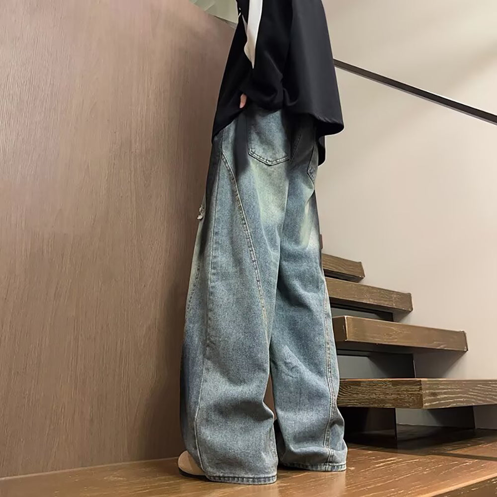 Men Low Distress Heavy Fade Baggy Jeans