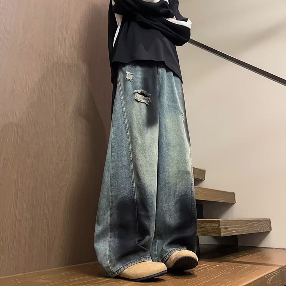 Men Low Distress Heavy Fade Baggy Jeans