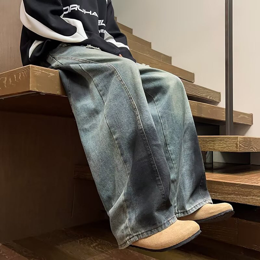 Men Low Distress Heavy Fade Baggy Jeans