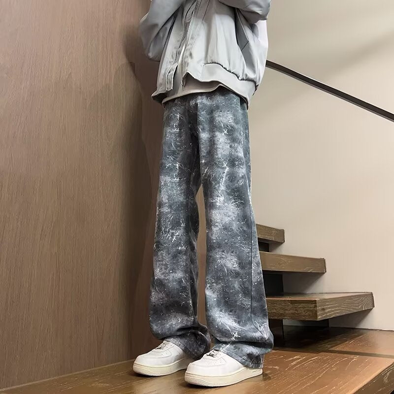 Men Wide Leg Light Fade Printed Jeans