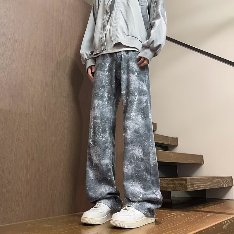 Men Wide Leg Light Fade Printed Jeans