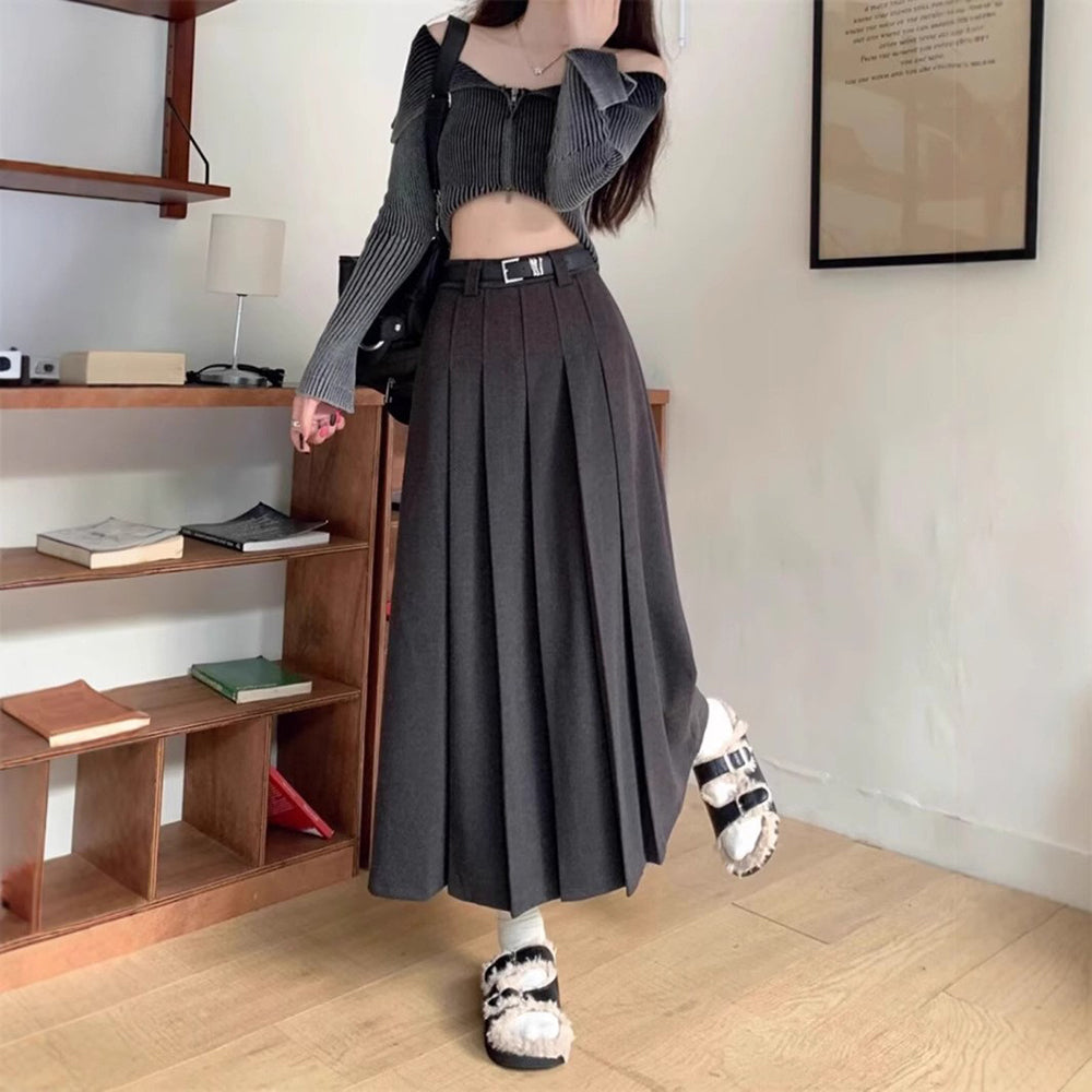 Women Pleated A-Line Midi Skirt