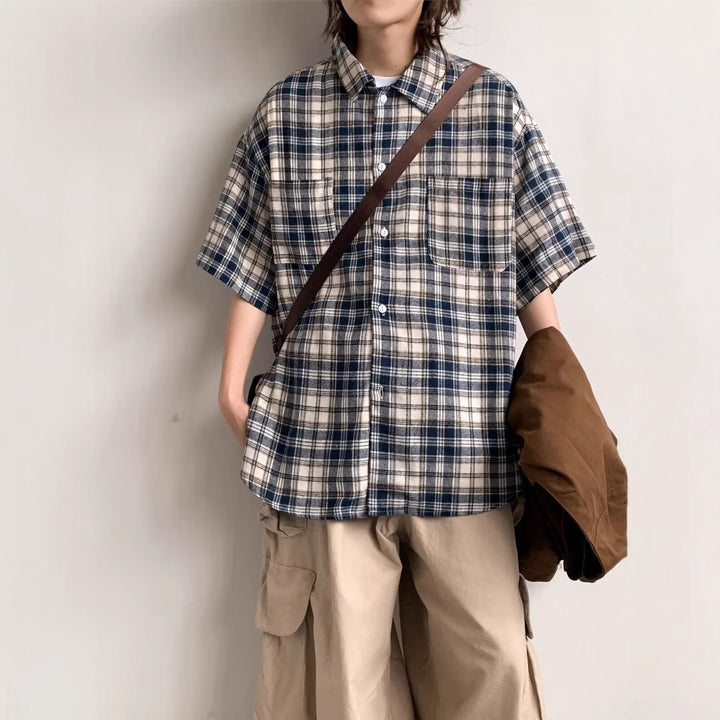 Men Oversized Fit Checked Cutaway Collar Cotton Casual Shirt
