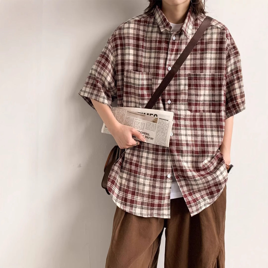 Men Oversized Fit Tartan Checked Cutaway Collar Cotton Casual Shirt