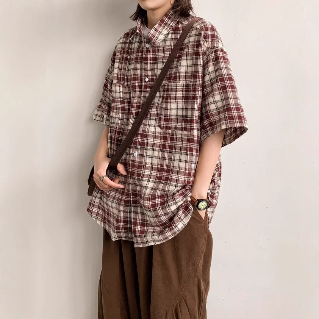 Men Oversized Fit Tartan Checked Cutaway Collar Cotton Casual Shirt