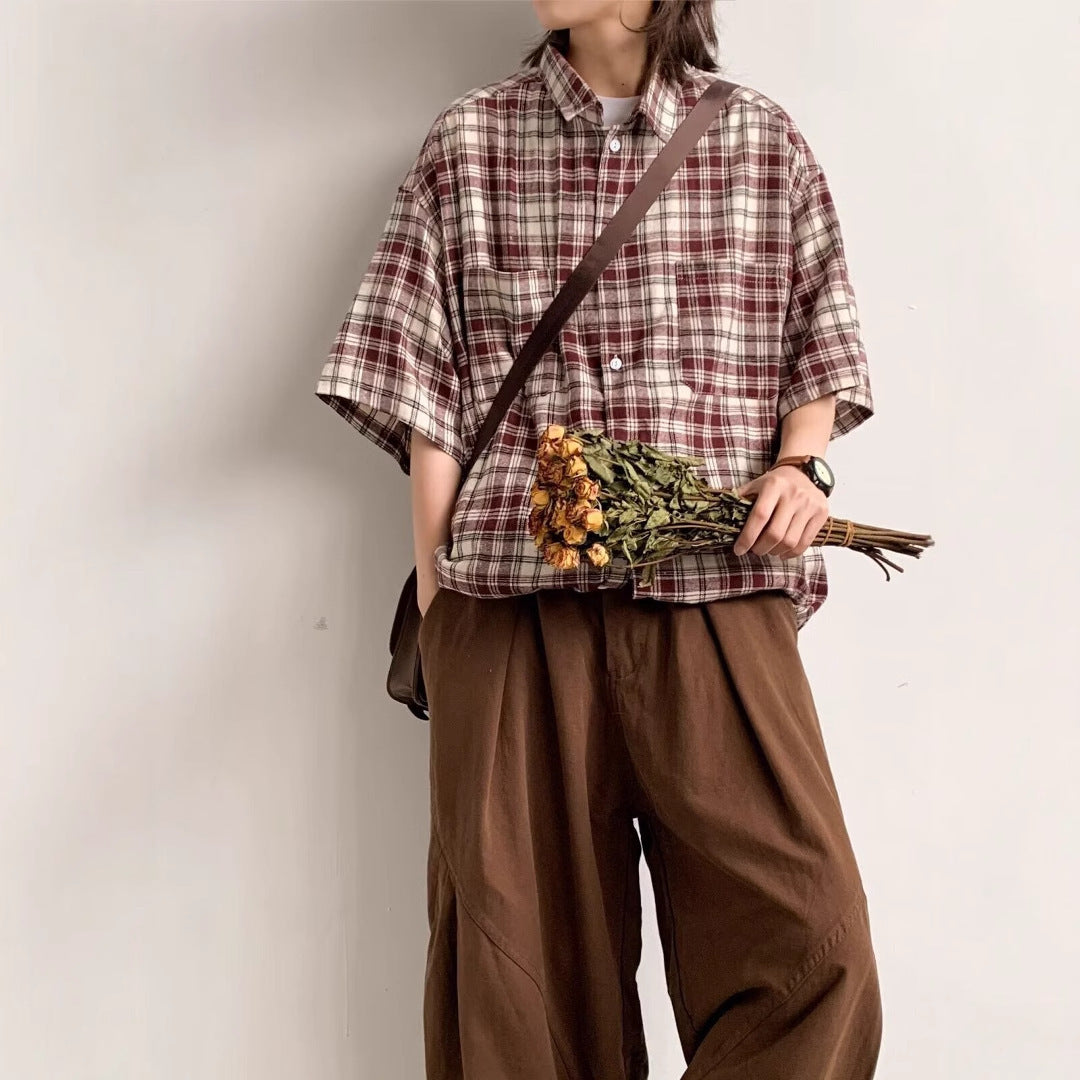 Men Oversized Fit Tartan Checked Cutaway Collar Cotton Casual Shirt