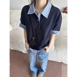 Gingham Checks Checked Cutaway Collar Short Sleeves Cotton Shirt