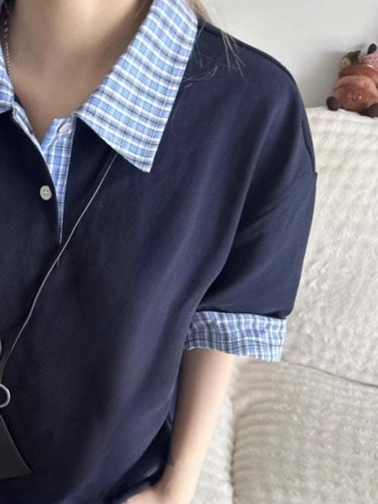 Gingham Checks Checked Cutaway Collar Short Sleeves Cotton Shirt