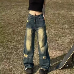 Women Wide Leg Mildly Distressed Heavy Fade Jeans