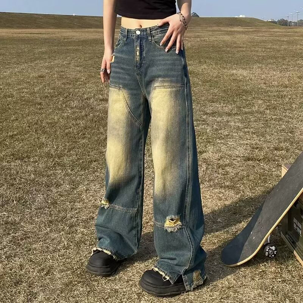 Women Wide Leg Mildly Distressed Heavy Fade Jeans