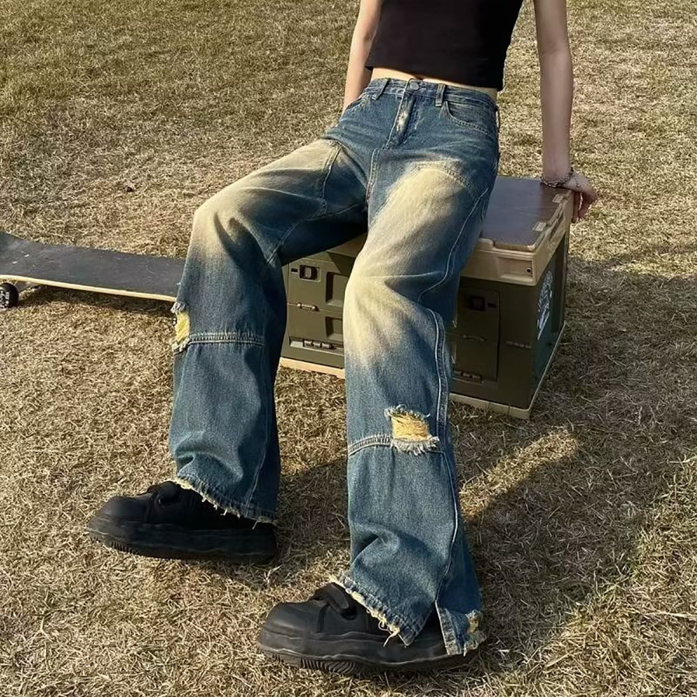 Women Wide Leg Mildly Distressed Heavy Fade Jeans
