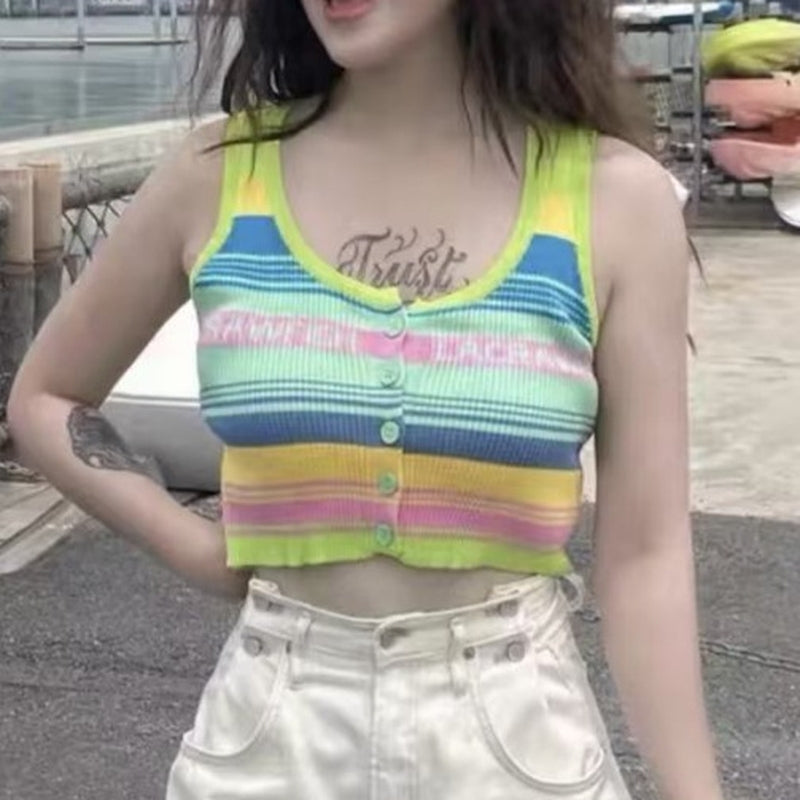 Women Striped Round Neck Tank Crop Top